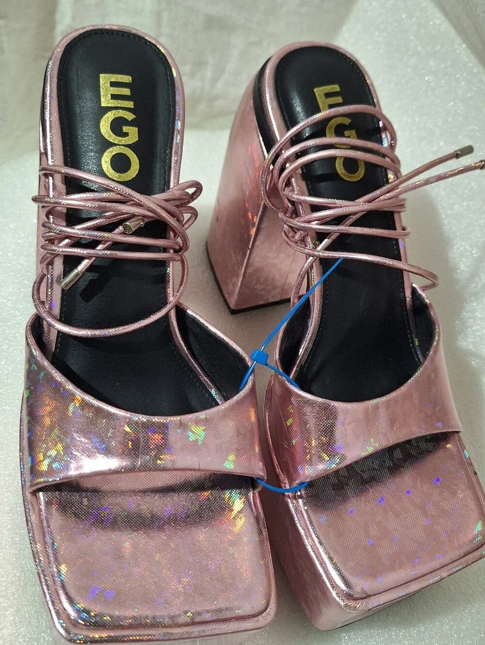 Pink Holographic Platform Block Heel Sandals